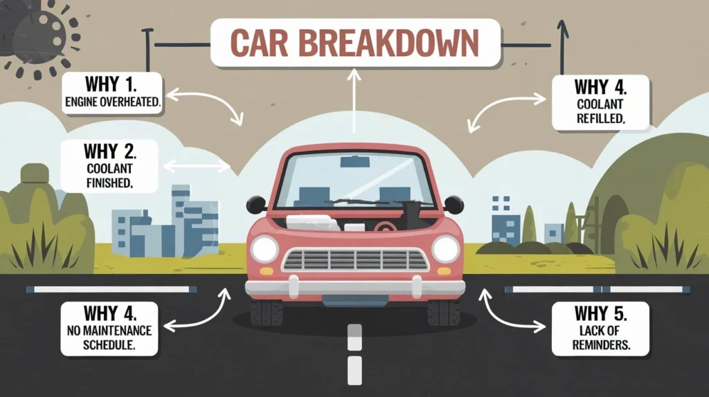 5 Why Analysis example of a car breakdown.