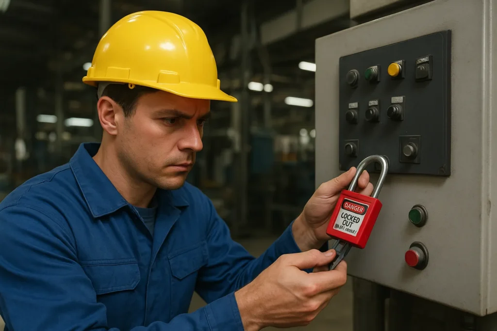 An authorized employee applying a LOTO lock to the control panel of a machine