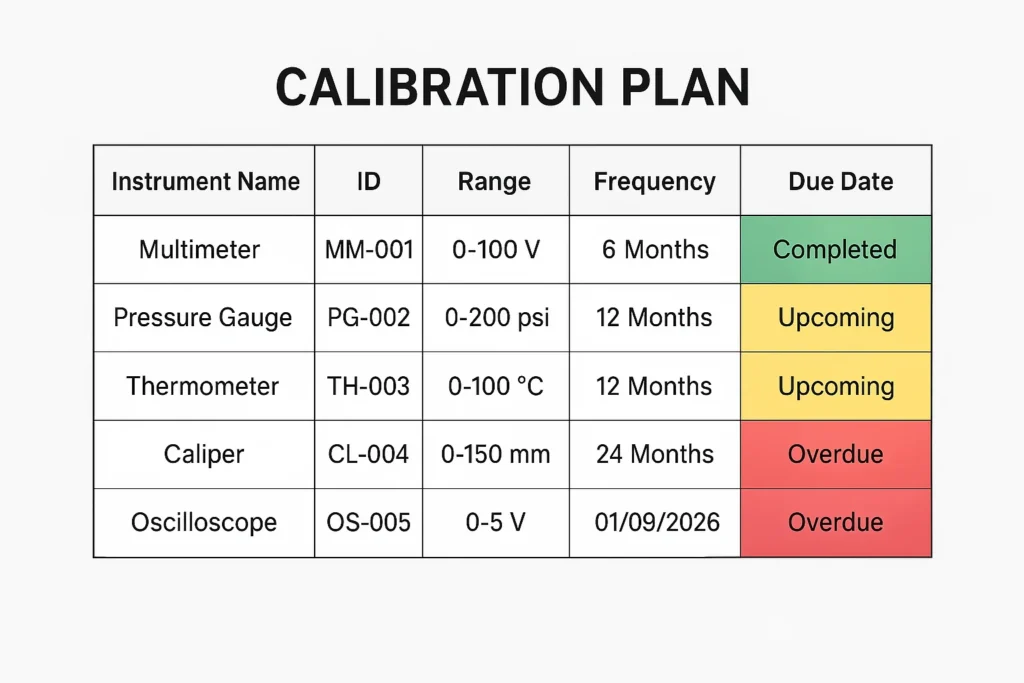 Calibration plan template showing instrument schedule and due dates with color coding