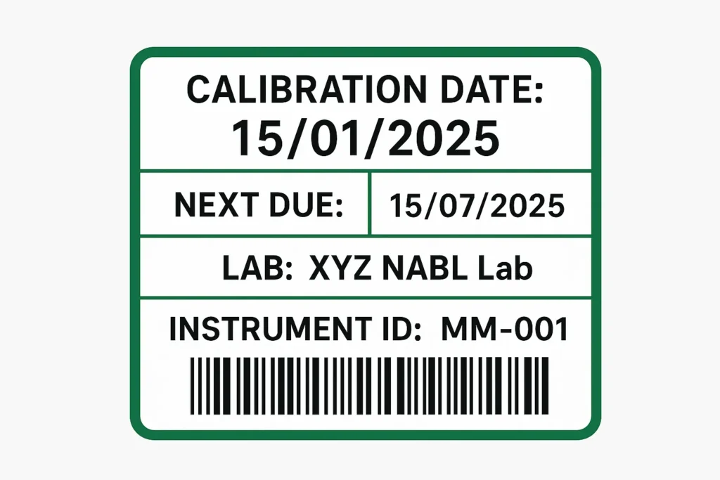 Calibration sticker showing calibration date, due date and lab details
