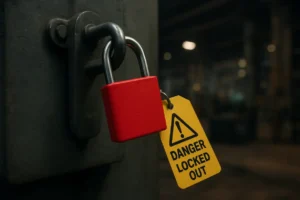 lockout tagout image of lock with yellow warning tag