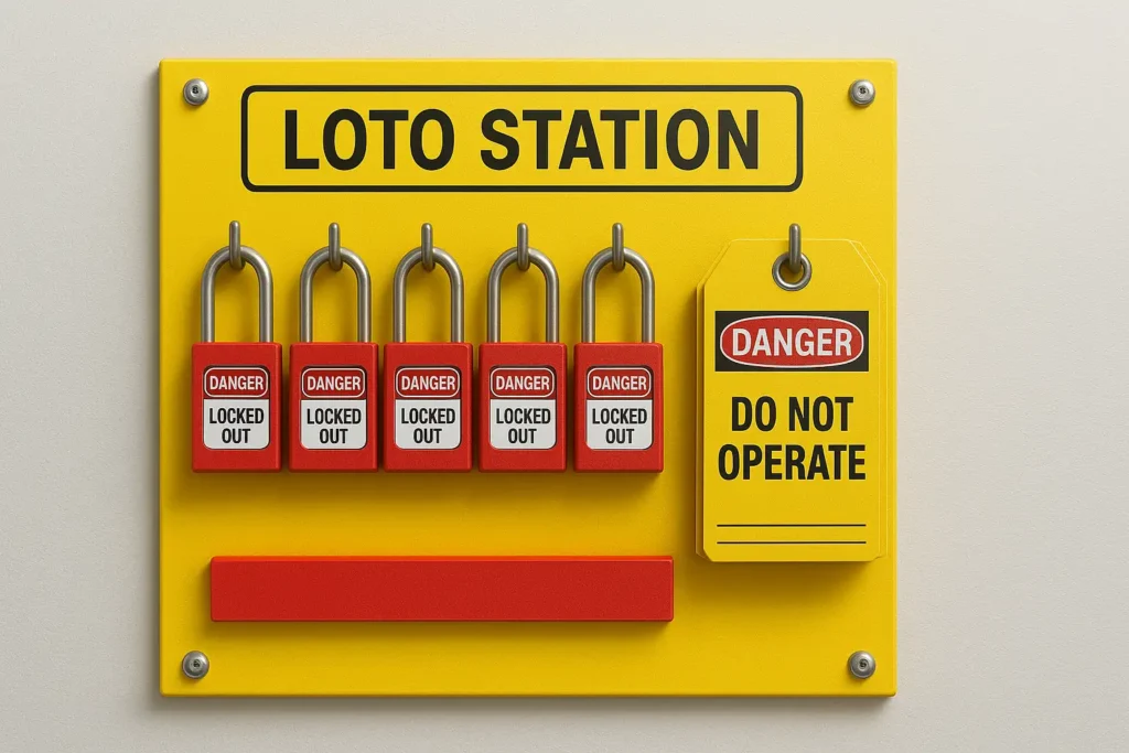 A LOTO station mounted on a wall, with red padlocks and yellow tags neatly organized